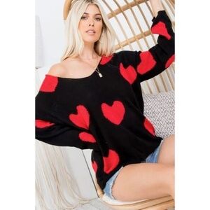 Black Red Multi Heart Knit V-Neck Valentines Day Long Sleeve Relaxed Sweater